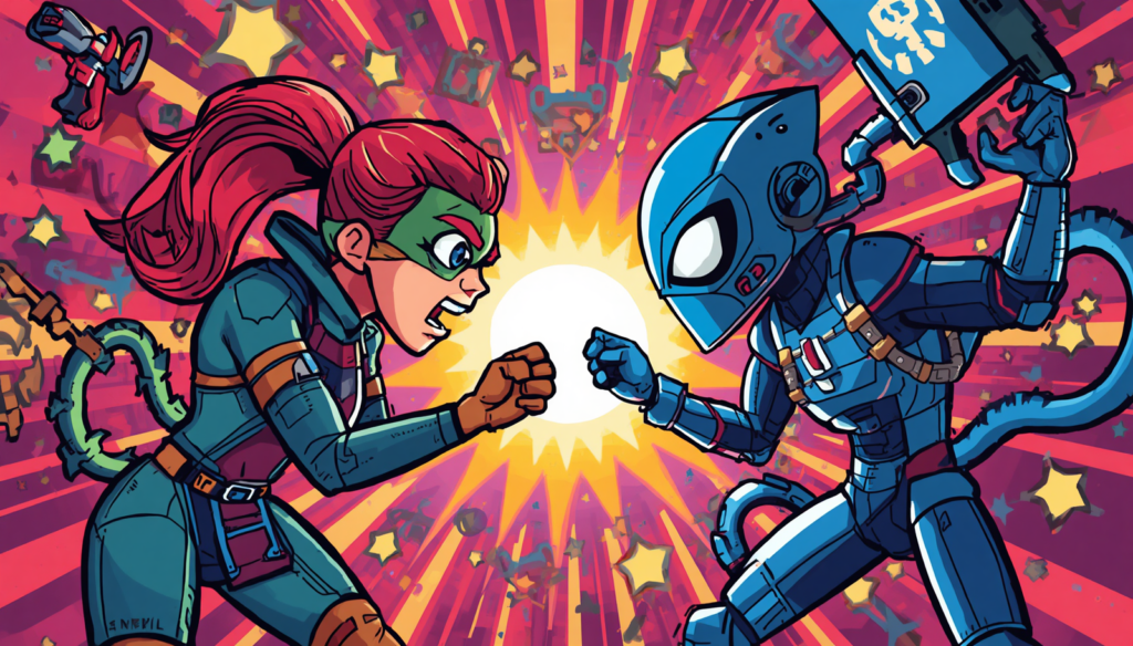 AmneziaWG vs WireGuard obfuscation comic showdown between superhero and robot.