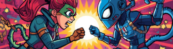 AmneziaWG vs WireGuard obfuscation comic showdown between superhero and robot.