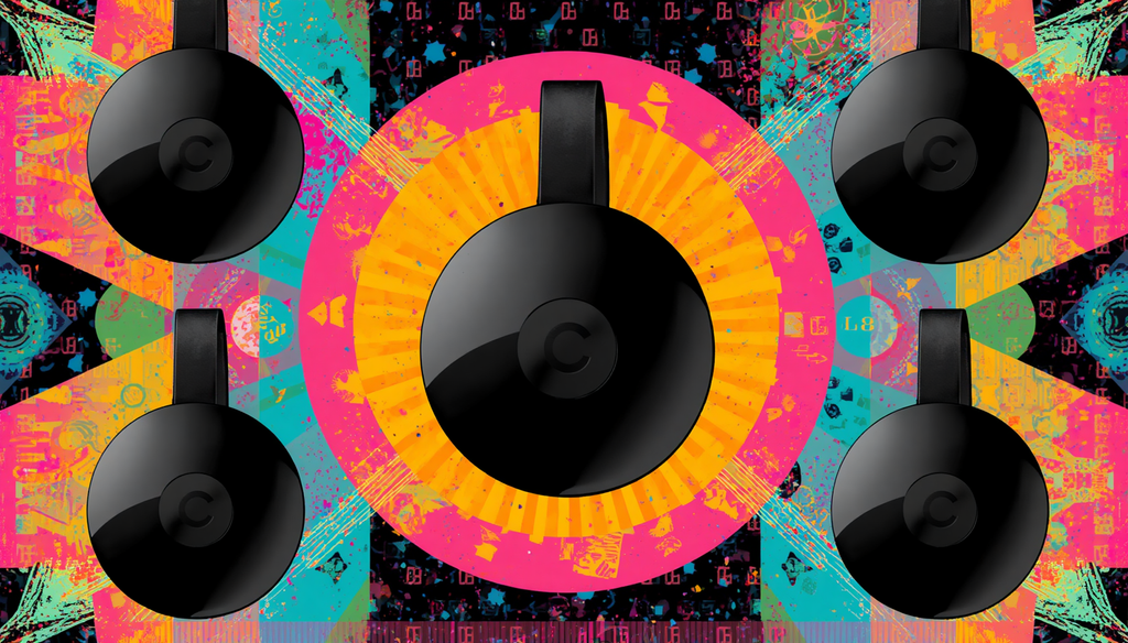Can Google Chromecast Be Hacked? 7 Risks to Know 4 Google Chromecast security settings pop-art poster with five Chromecast devices on a colorful background.
