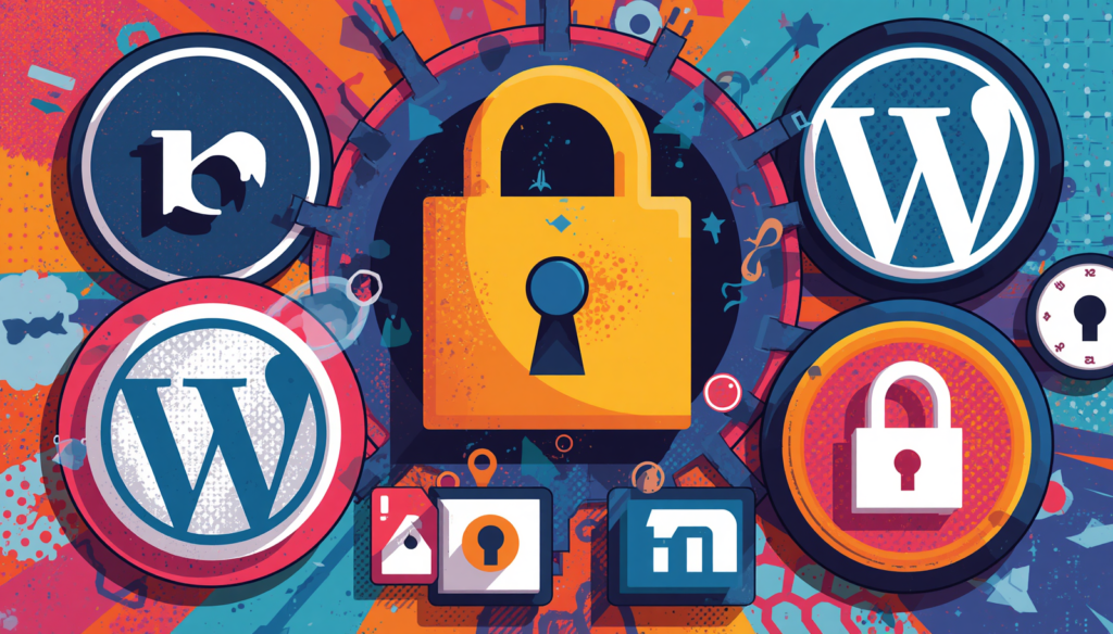 WordPress hardening guide illustration with lock, security audit, headers, and best practices.