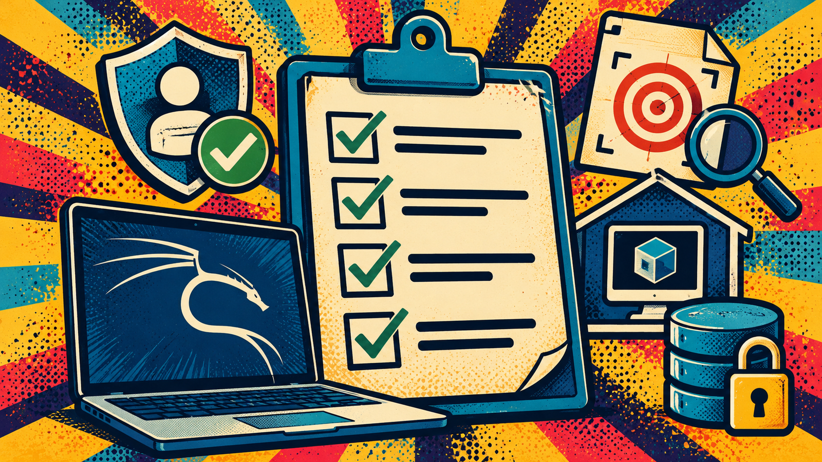 Kali Linux authorization checklist with security, timing, audit, and access control symbols