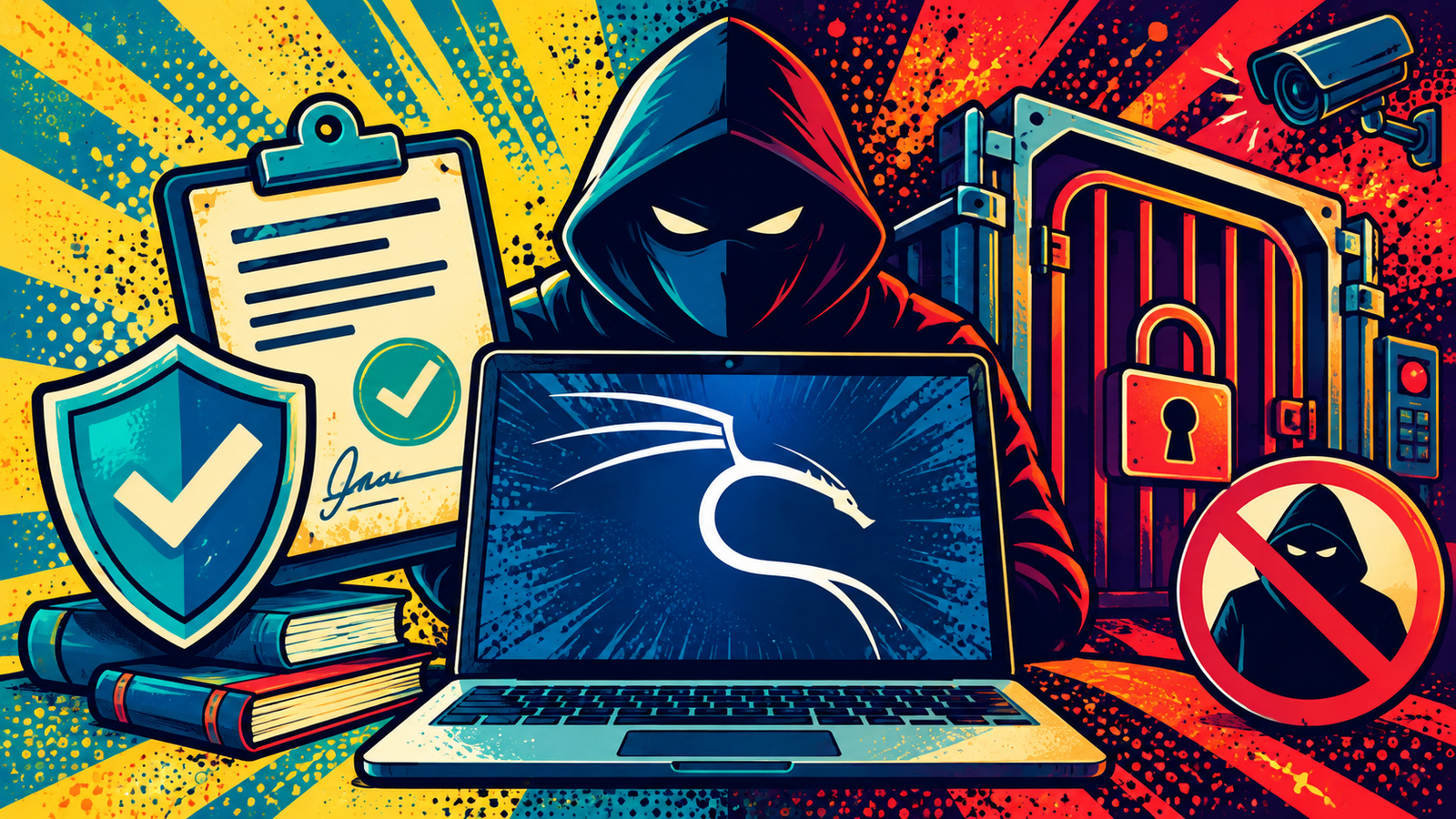 Kali Linux ethical hacking illustration with security checks and blocked unauthorized access