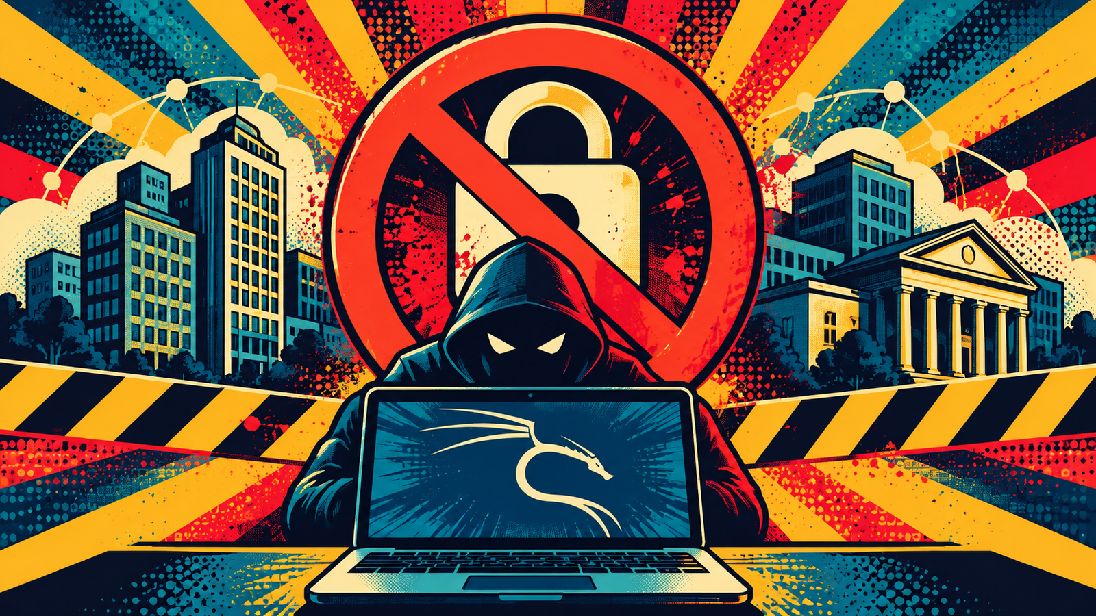 Kali Linux legal testing warning with a lock and unauthorized access symbol