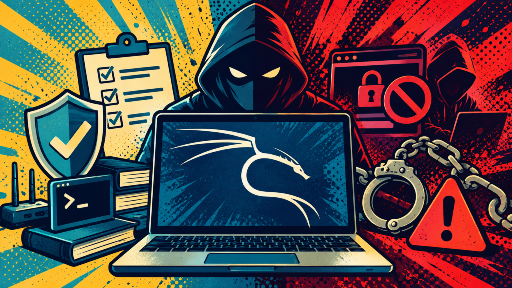 Kali Linux laptop with legal security symbols and an unauthorized hacking warning