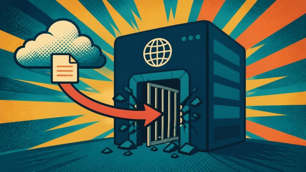 Retro pop-art illustration of a web application receiving a remote file through an unsafe include path.