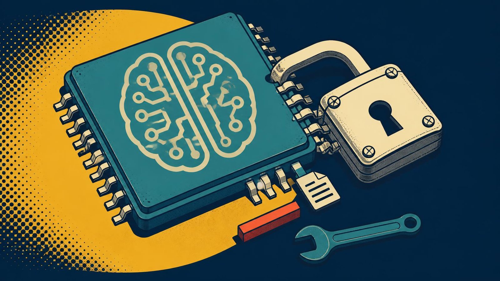 AI chip with a padlock and blocked tool connection representing restricted permissions.
