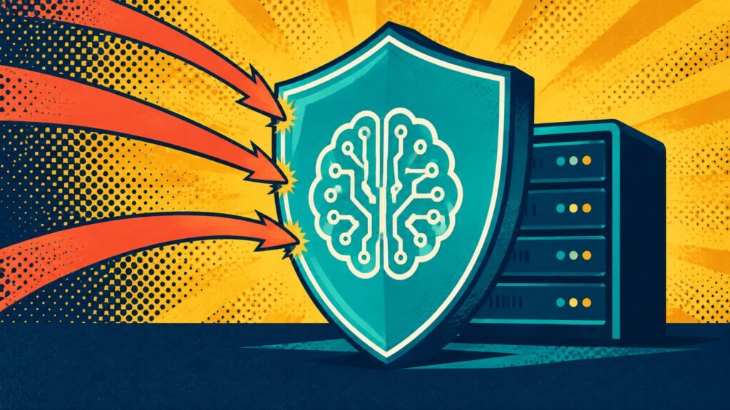 Autonomous AI hacking defense shield protecting a server from repeated intrusion attempts.
