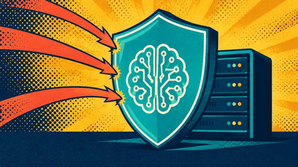 Autonomous AI hacking defense shield protecting a server from repeated intrusion attempts.