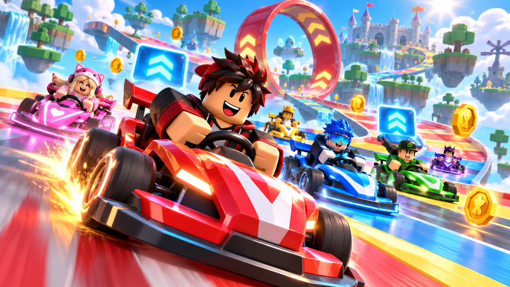 Roblox passkey not working fix: voxel kart race boost coin ring over sky castle track.