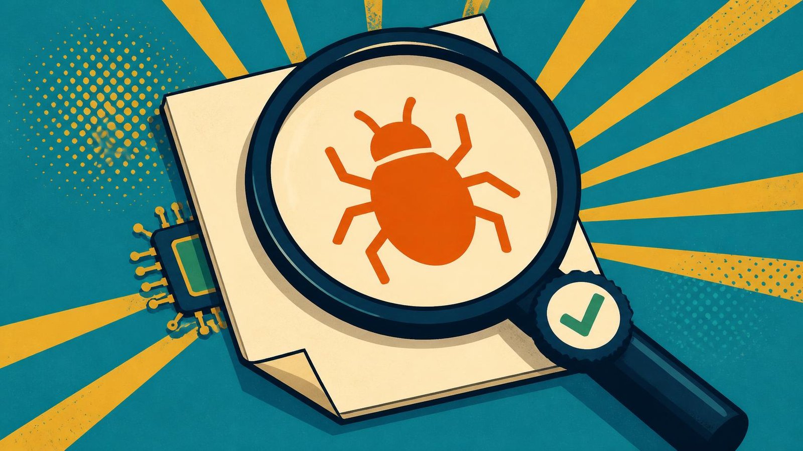 Magnifying glass examining a bug symbol on an evidence document with a green checkmark.