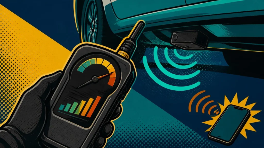 Wireless signal activity around a car and smartphone during GPS tracker detection
