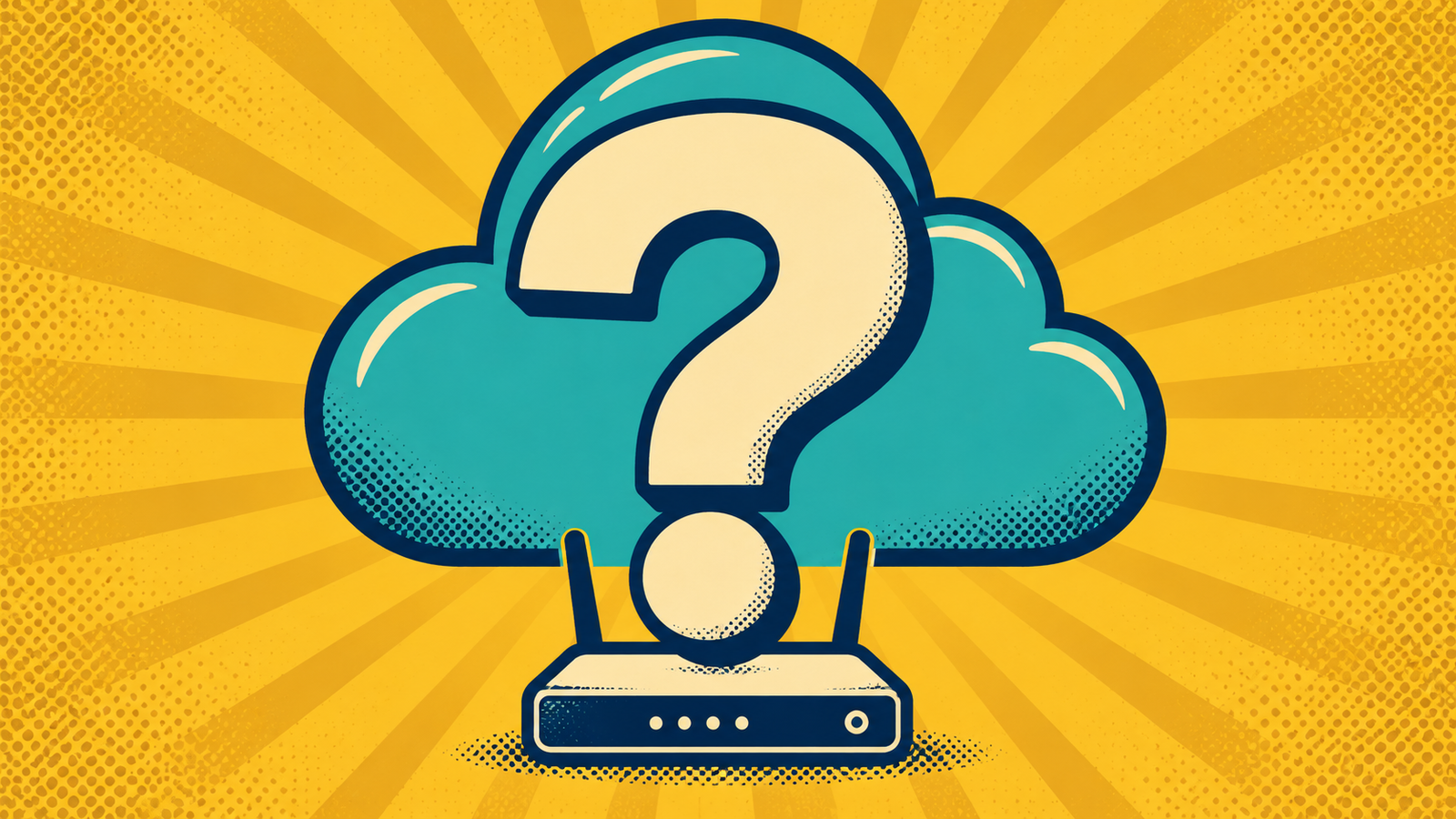 Large question mark inside a cloud above a router, illustrating cloud DNS questions.