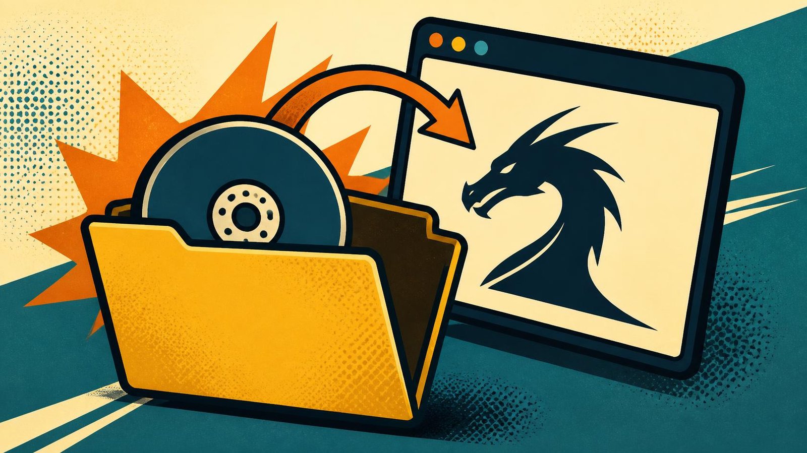 Pop-art folder and virtual disk illustrating the import of a Kali VMware image.