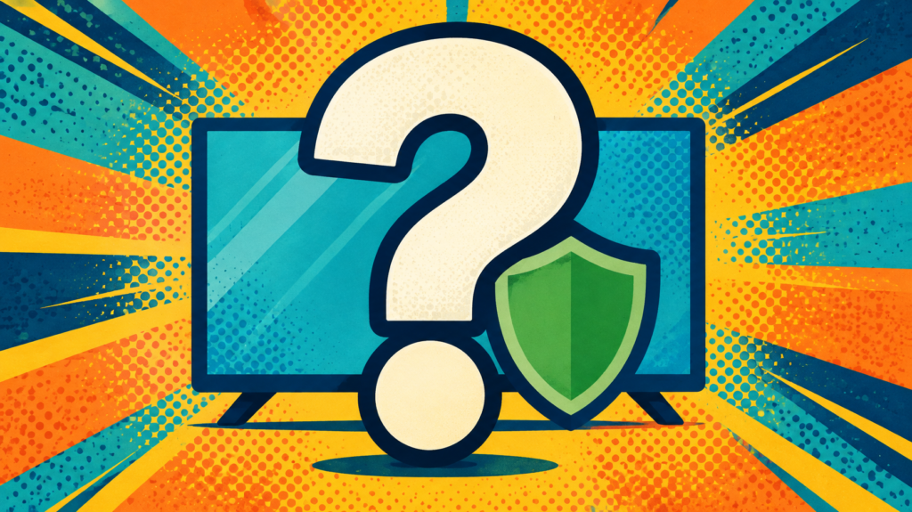 Ad Blocker for Android TV: 7 Essential AdGuard Checks 5 Large question mark and security shield in a retro pop-art illustration for the Android TV ad blocker FAQ.