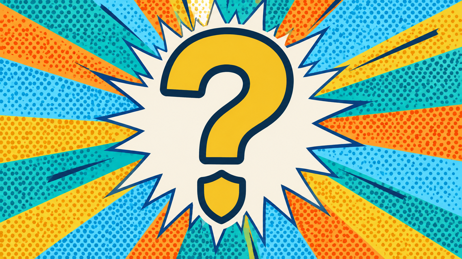 AdGuard Chrome extension FAQ represented by a large question mark on a retro pop-art sunburst.