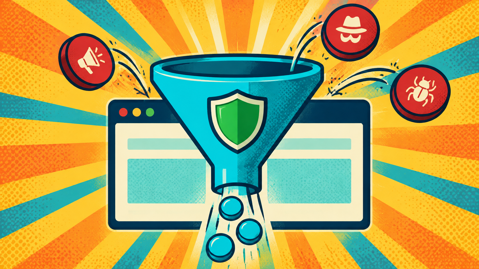 AdGuard Manifest V3 browser filtering represented by a protected interface and alert symbols.