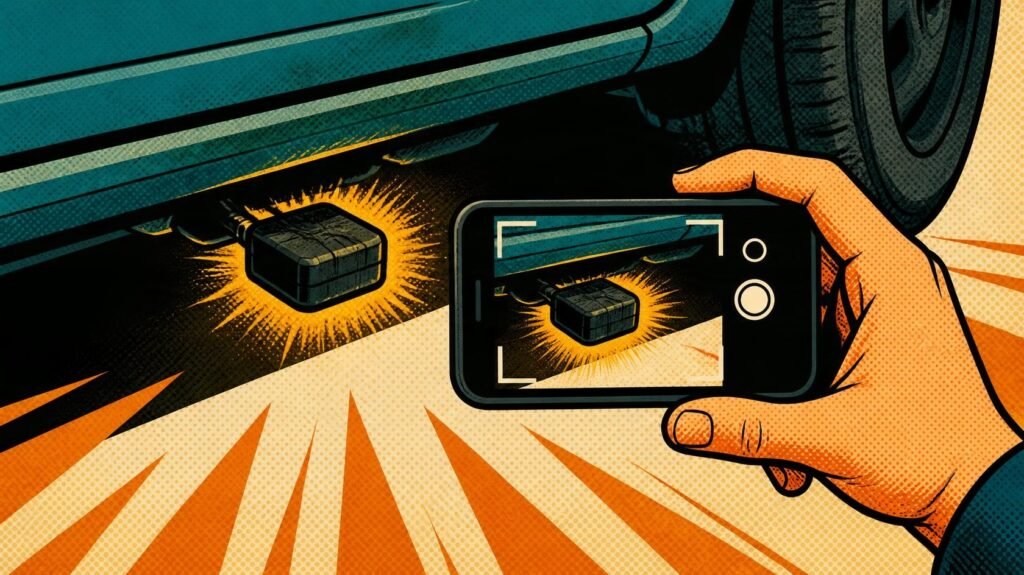 Hand reaching toward a suspicious electronic tracking device after discovery