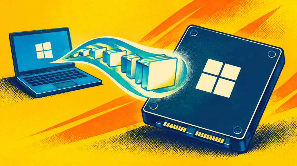 EaseUS Partition Master Review: Is Pro Worth It? 3 Laptop transferring system data to another device during Windows SSD migration.