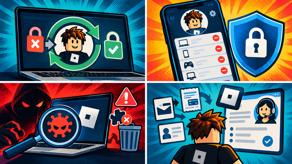 Roblox account hacked recovery: approval login secure check, block minus, virus detected, safe verification.