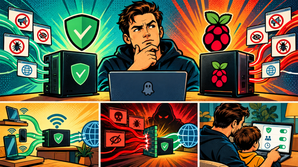 Comic cyber defense scene with hacker blocking malware, checking secure servers, shields, and threat alerts.