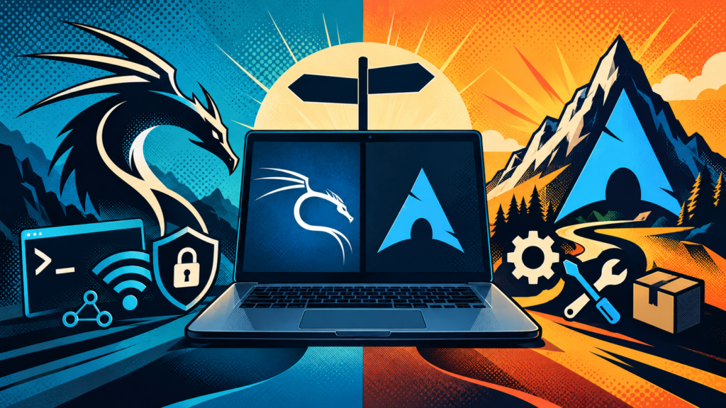 Cyber defense laptop with dragon hacker icons, blue and orange sunburst battlefield mountains, comic tech art.