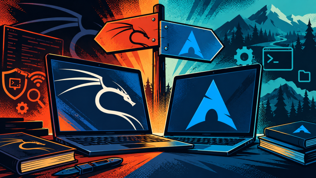 Cybersecurity dual-world laptops illustration with alert icons, robotic sentinel, and command prompt contrast.