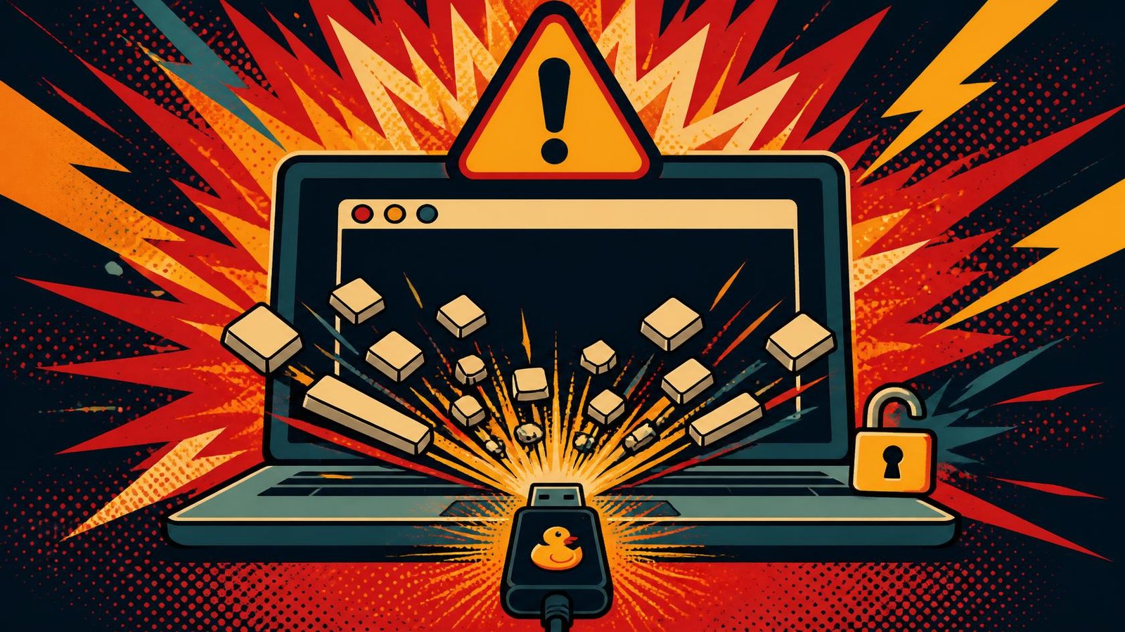 USB Rubber Ducky attack illustration with a laptop security breach and automated keystroke injection.