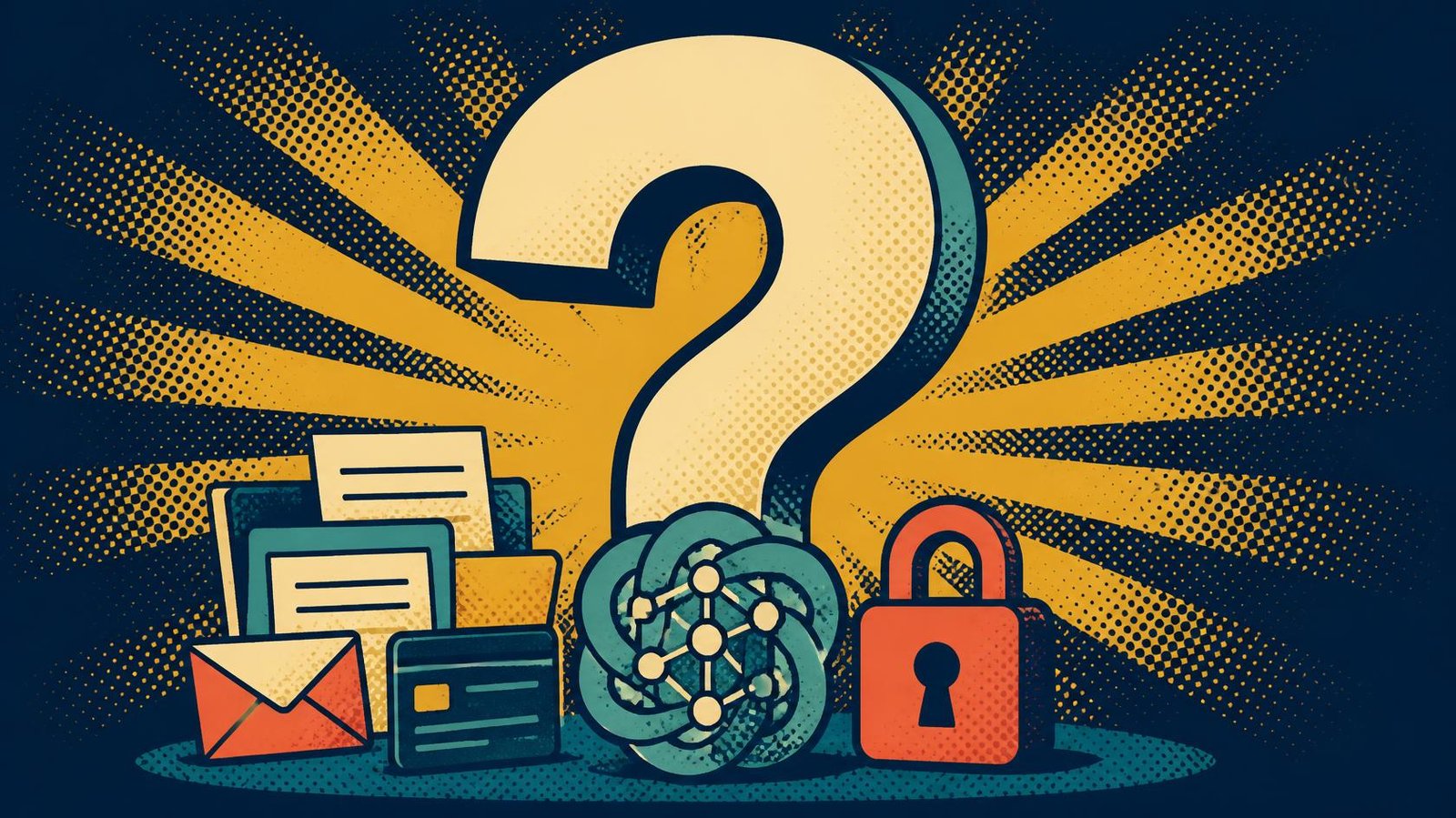 Large question mark above an AI symbol, documents and a padlock.