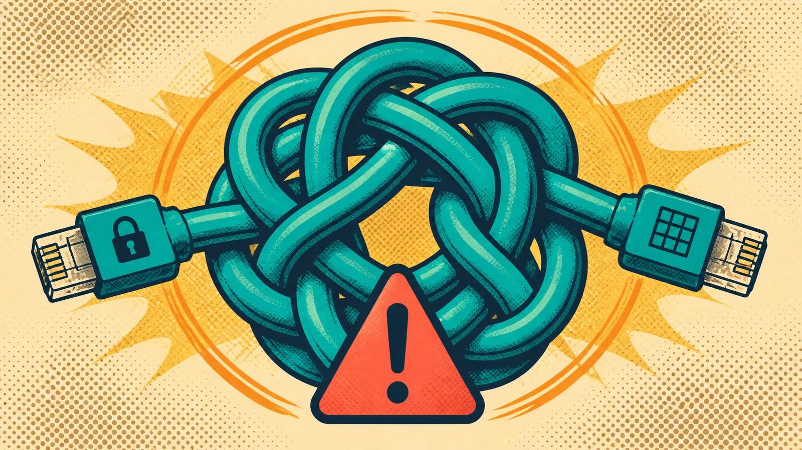 Tangled network cable with lock and filter symbols illustrating a VPN routing loop.