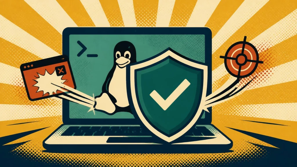 AdGuard for Linux illustration showing a protected Linux laptop blocking ads and trackers.