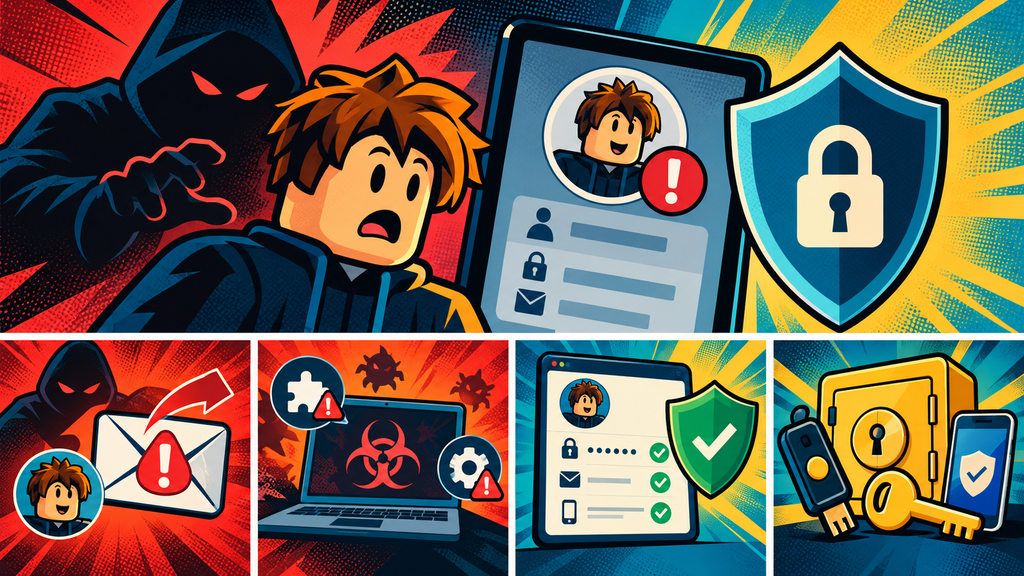 Roblox account hacked warning comic, password and email changed, account recovery and secure defense.