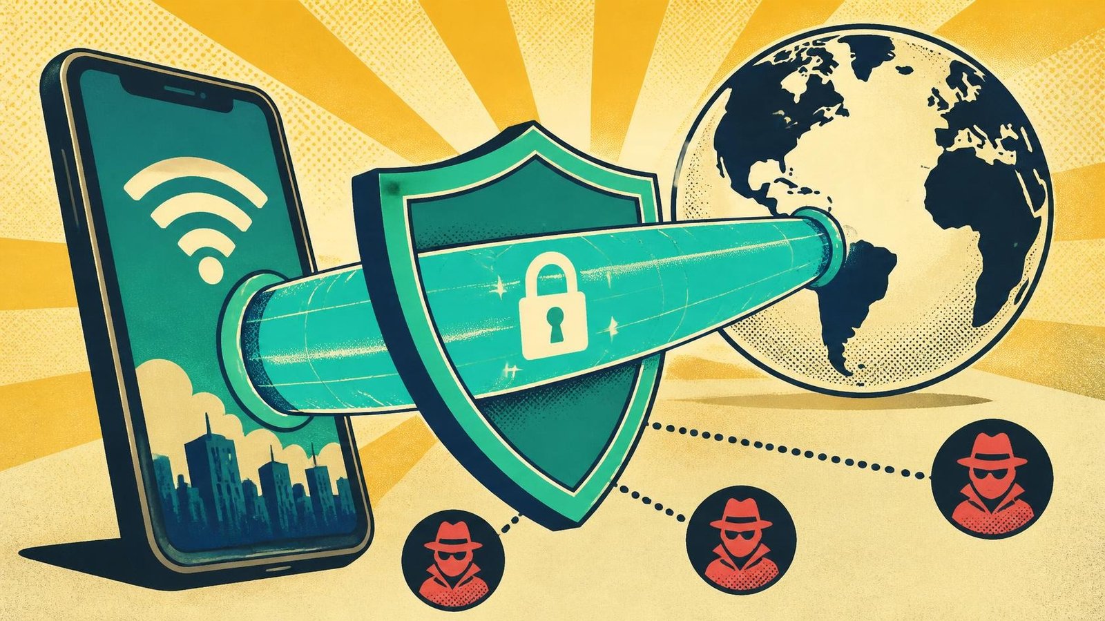 Smartphone protected by a shield with encrypted connectivity to the internet through a VPN.