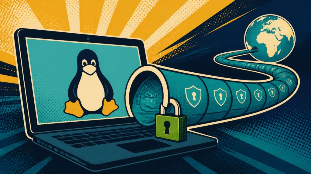 AdGuard VPN CLI illustration showing a Linux laptop connected to the internet through a locked VPN tunnel.