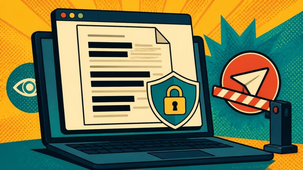 Secure laptop with shield lock and blocked message icon for reviewing AI file transfers