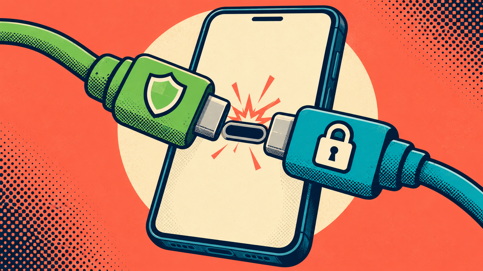 Pop-art smartphone with shield and padlock plugs competing for one connection, symbolising an Android VPN conflict.