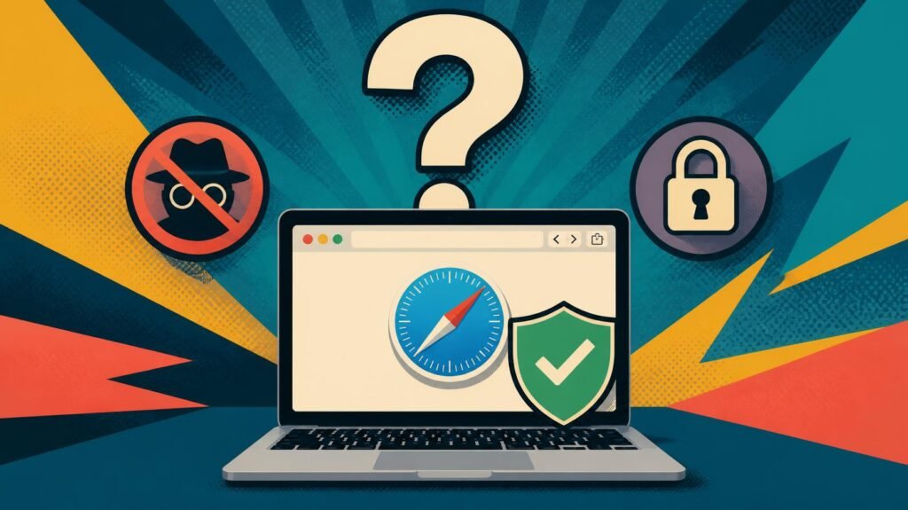 Cybersecurity question laptop illustration with speedometer, checkmark shield, lock access, and warning icons.
