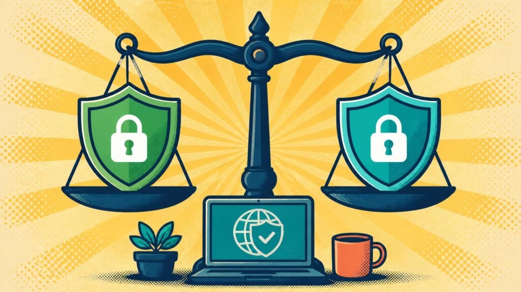 AdGuard VPN vs PrivadoVPN illustrated by a balance scale with two protection shields.