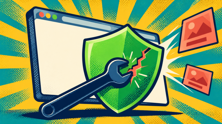 Pop-art illustration of a browser protection shield being repaired with a wrench.