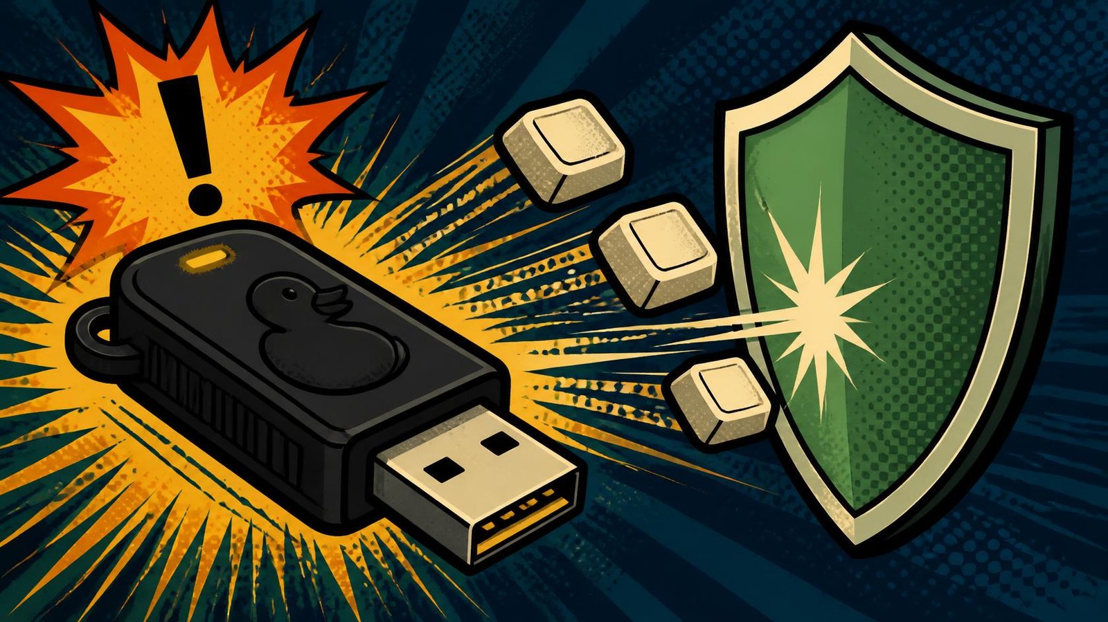 Security shield blocking suspicious USB device activity around a protected computer.