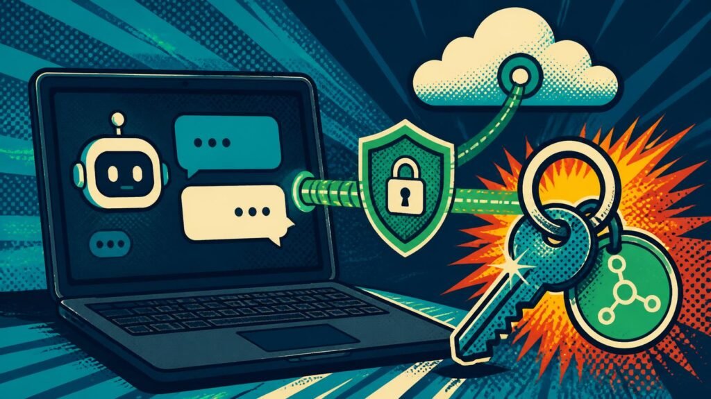 Protected laptop chat connection with shield and padlock for HackersGhost AI API access