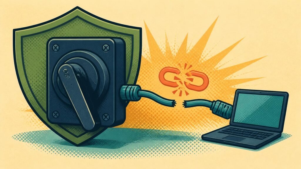AdGuard VPN vs PrivadoVPN: 7 Smart Checks Before You Buy 4 Shield with a safety switch and disconnected laptop cable illustrating a VPN kill switch.