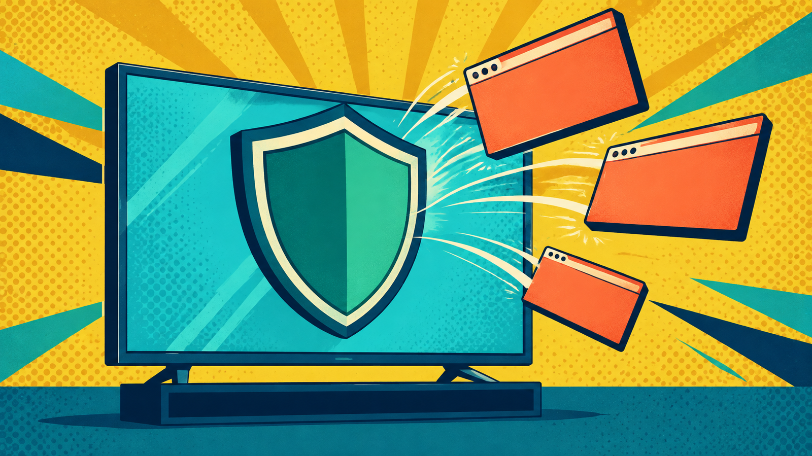Ad Blocker for Android TV: 7 Essential AdGuard Checks 1 Cybersecurity shield protecting a smart television against unwanted advertising pop-ups.