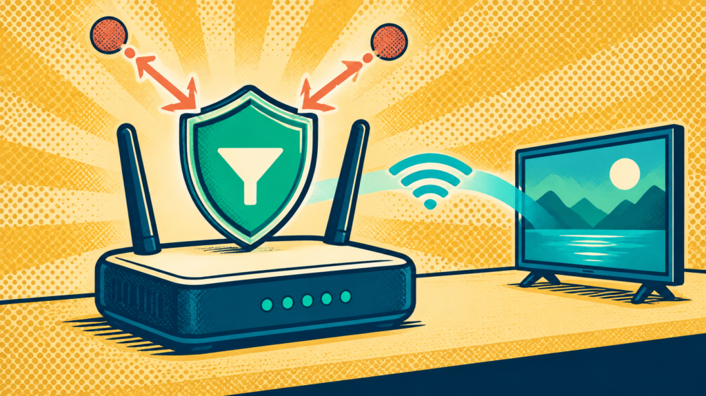 Ad Blocker for Android TV: 7 Essential AdGuard Checks 4 Home Wi-Fi router with a security shield illustrating DNS-based ad and tracker filtering for smart TVs.