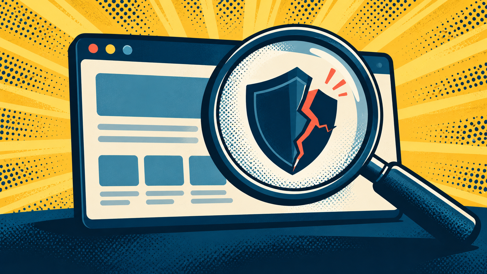 OWASP ZAP Vulnerability Scan: 7 Smart Lab Steps 1 Magnifying glass inspecting a cracked security shield inside a browser window.