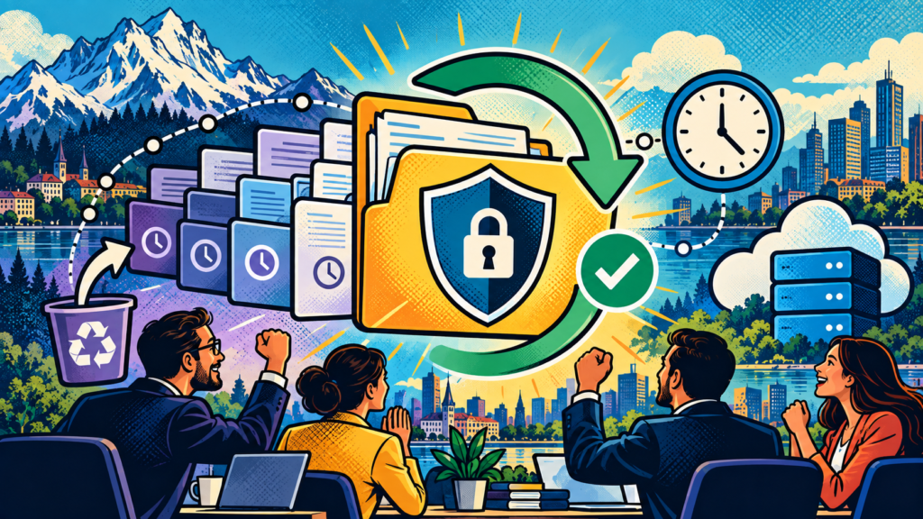 Secure Cloud Storage and Shield Time Monitoring Comic Poster Cybersecurity comic with encrypted cloud storage for business, secure cloud storage for teams, shield and time monitoring.
