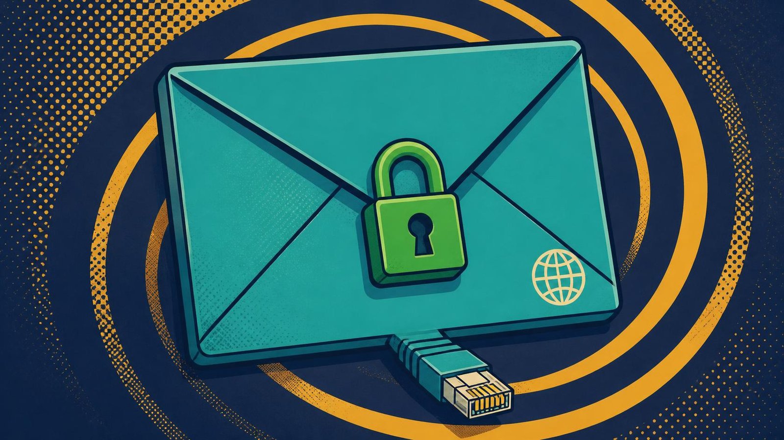 Locked envelope with a globe and network connector representing encrypted DNS queries.