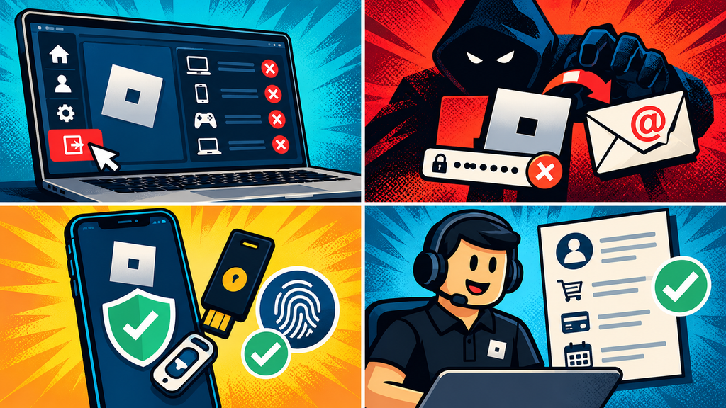 Cybersecurity four-panel comic: roblox account hacked, email changed, password changed, support and recovery.