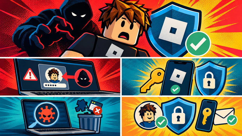 Roblox account recovery comic shows hacked warning, email or password change, verified check shields.