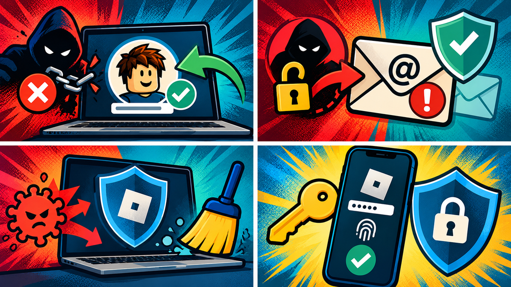 Roblox account hacked warning comic: email password threats blocked, recovery and secure login verified.