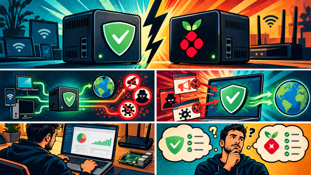 Cybersecurity comic infographic showing secure vs threat servers, malware alerts, and protective shields.